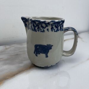 Vtg Tienshan Folk Craft Sponge Ware Creamer Stoneware Cup Blue White Cow Heart